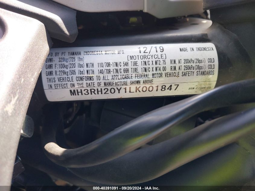 2020 Yamaha Mt-03 VIN: MH3RH20Y1LK001847 Lot: 40391091