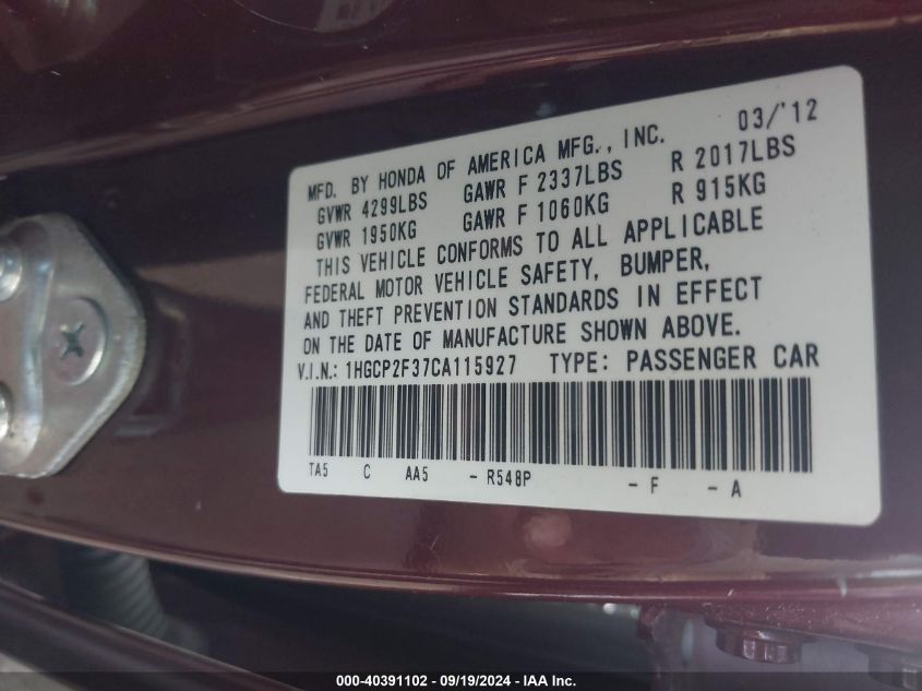 1HGCP2F37CA115927 2012 Honda Accord 2.4 Lx