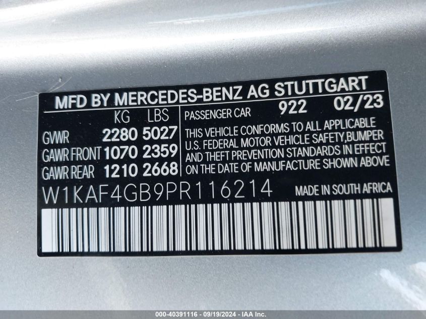 2023 Mercedes-Benz C 300 Sedan VIN: W1KAF4GB9PR116214 Lot: 40391116