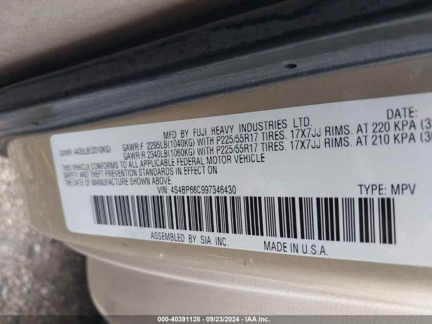 4S4BP66C997346430 2009 Subaru Outback 2.5I Limited