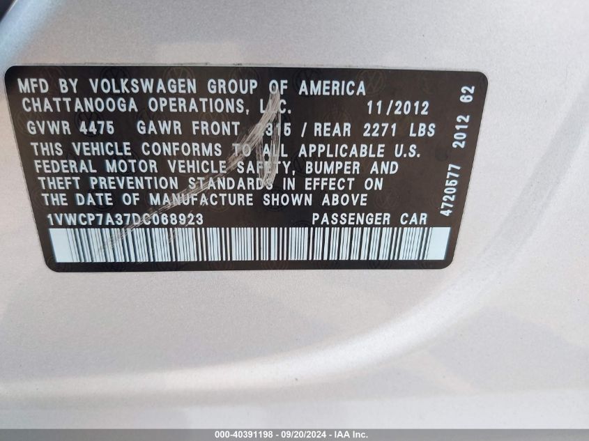 1VWCP7A37DC068923 2013 Volkswagen Passat 2.5L Sel Premium