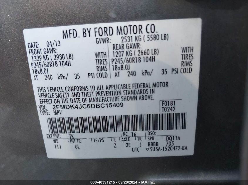 2013 Ford Edge Sel VIN: 2FMDK4JC6DBC15409 Lot: 40391215