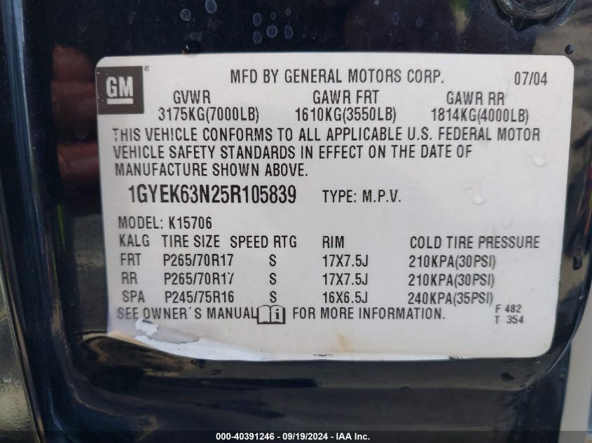 1GYEK63N25R105839 2005 Cadillac Escalade Standard