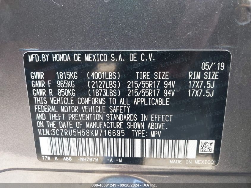 3CZRU5H58KM716695 2019 Honda Hr-V Ex