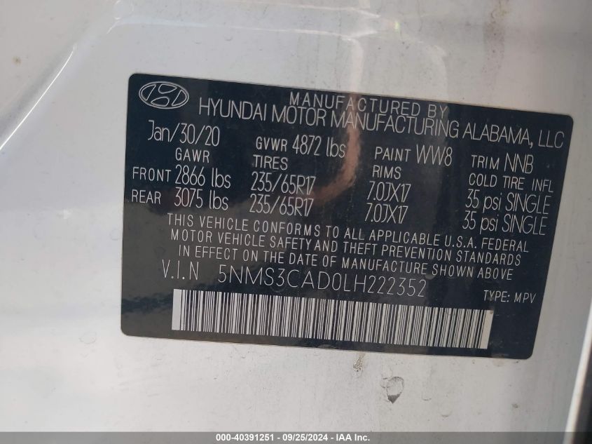 5NMS3CAD0LH222352 2020 Hyundai Santa Fe Sel