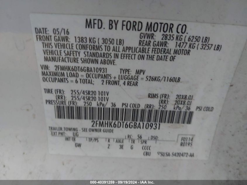 2FMHK6DT6GBA10931 2016 Ford Flex Limited