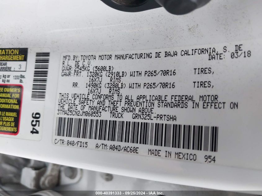 2018 Toyota Tacoma Trd Off Road VIN: 3TMAZ5CN2JM060553 Lot: 40391333