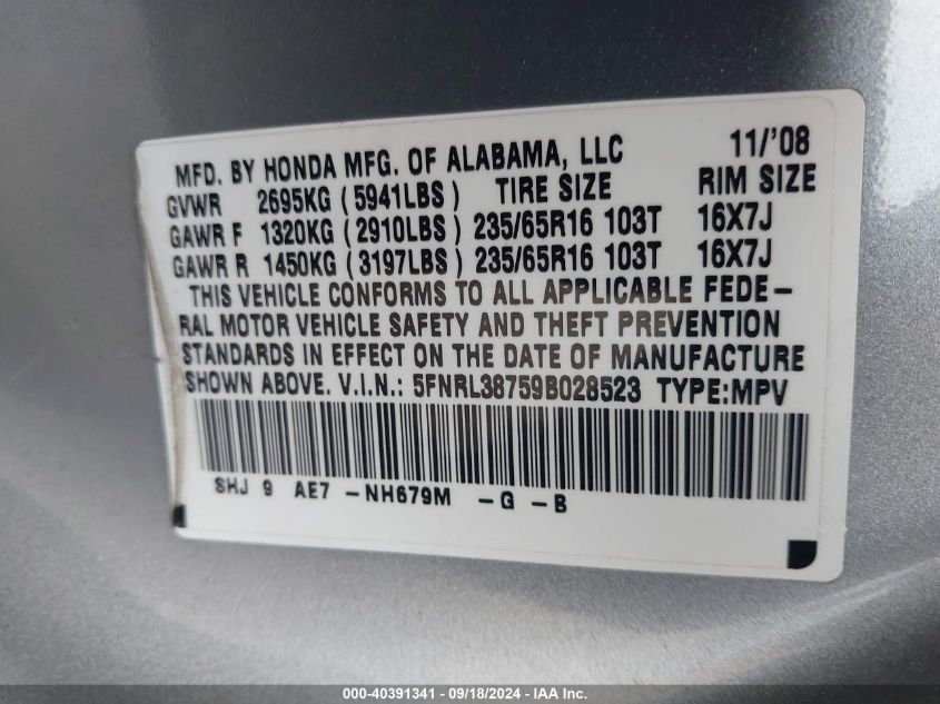 2009 Honda Odyssey Ex-L VIN: 5FNRL38759B028523 Lot: 40391341