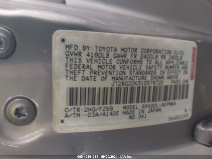 JT2BG22K510578720 2001 Toyota Camry Le