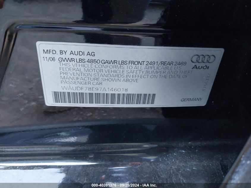 2007 Audi A4 2.0T VIN: WAUDF78E97A146018 Lot: 40391376