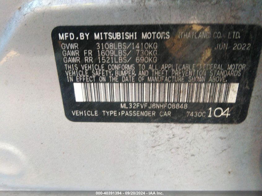 VIN 5UXWX9C56D0D05091 2022 MITSUBISHI MIRAGE G4 no.9