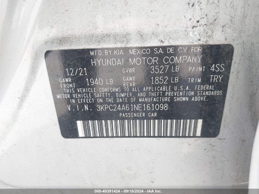 3KPC24A61NE161098 2022 Hyundai Accent Se