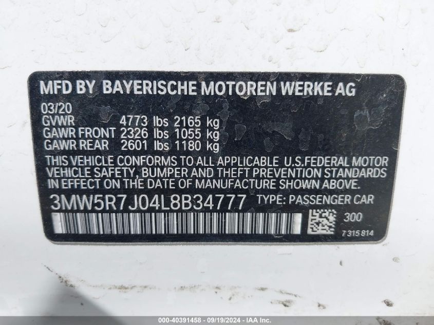 2020 BMW 330I xDrive VIN: 3MW5R7J04L8B34777 Lot: 40391458