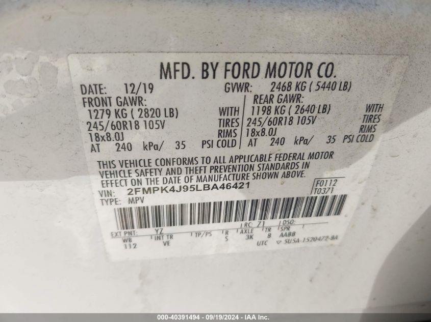 2020 Ford Edge Sel VIN: 2FMPK4J95LBA46421 Lot: 40391494