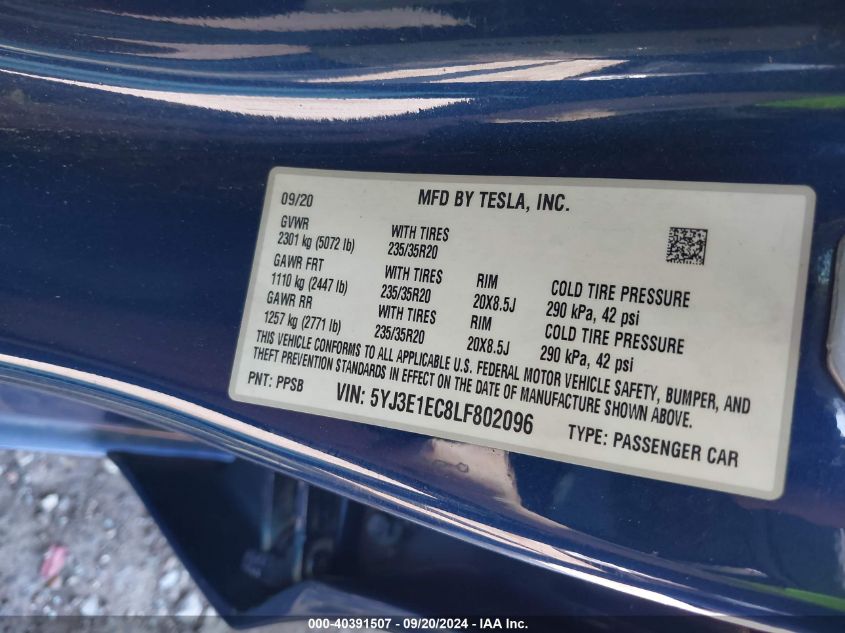 2020 Tesla Model 3 Performance Dual Motor All-Wheel Drive VIN: 5YJ3E1EC8LF802096 Lot: 40391507