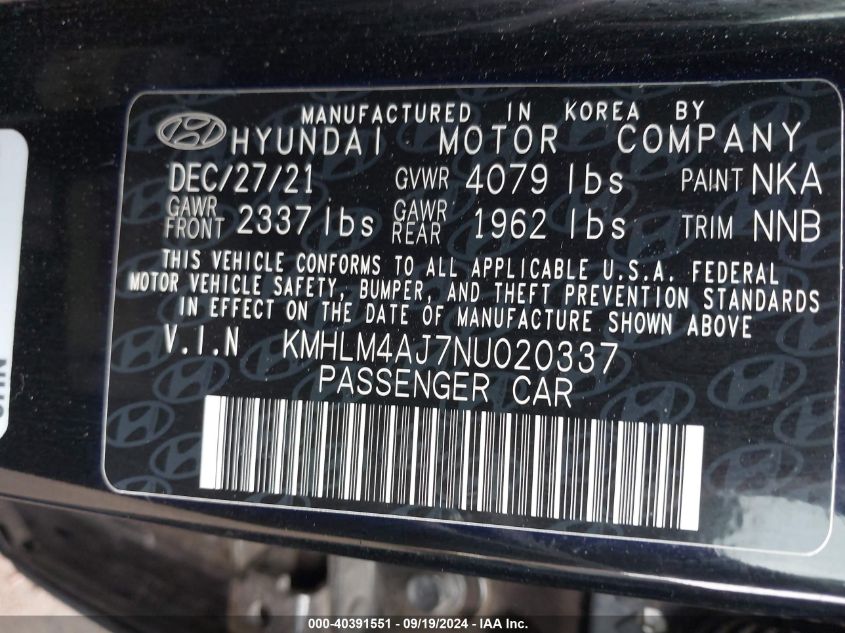 2022 Hyundai Elantra Hybrid Blue VIN: KMHLM4AJ7NU020337 Lot: 40391551