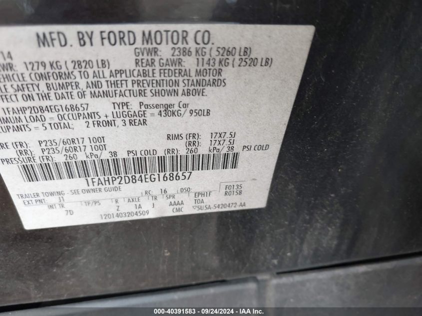 1FAHP2D84EG168657 2014 Ford Taurus Se