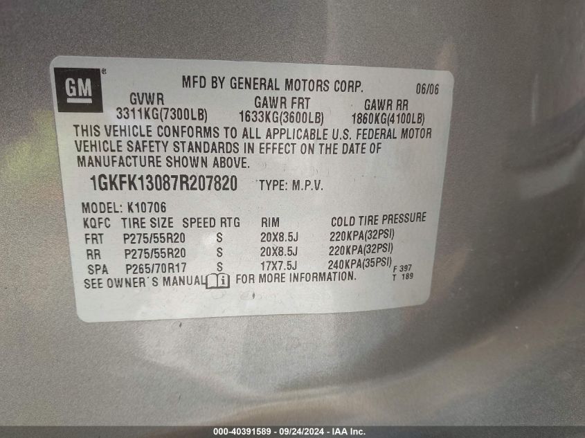 2007 GMC Yukon Slt VIN: 1GKFK13087R207820 Lot: 40391589