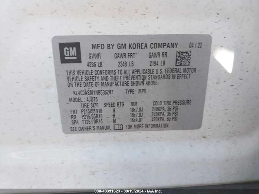 2022 Buick Encore Fwd Preferred VIN: KL4CJASM1NB536297 Lot: 40391623