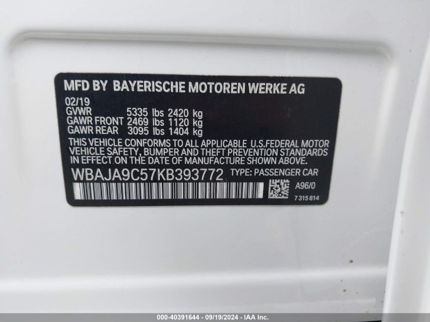 WBAJA9C57KB393772 2019 BMW 530E Iperformance