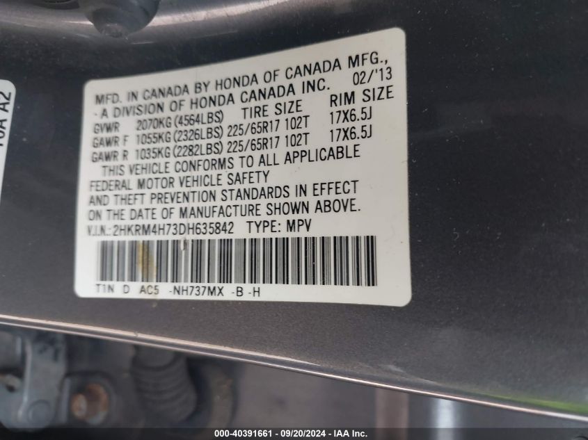 2HKRM4H73DH635842 2013 Honda Cr-V Ex-L