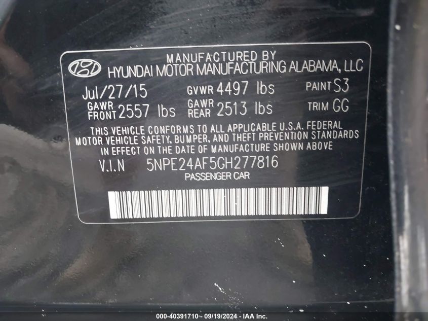 2016 Hyundai Sonata Se VIN: 5NPE24AF5GH277816 Lot: 40391710