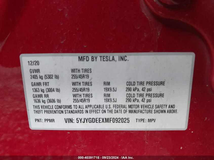 VIN 5YJYGDEEXMF092025 2021 Tesla Model Y, Long Rang... no.9