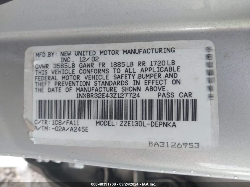 2003 Toyota Corolla Le VIN: 1NXBR32E43Z127724 Lot: 40391738