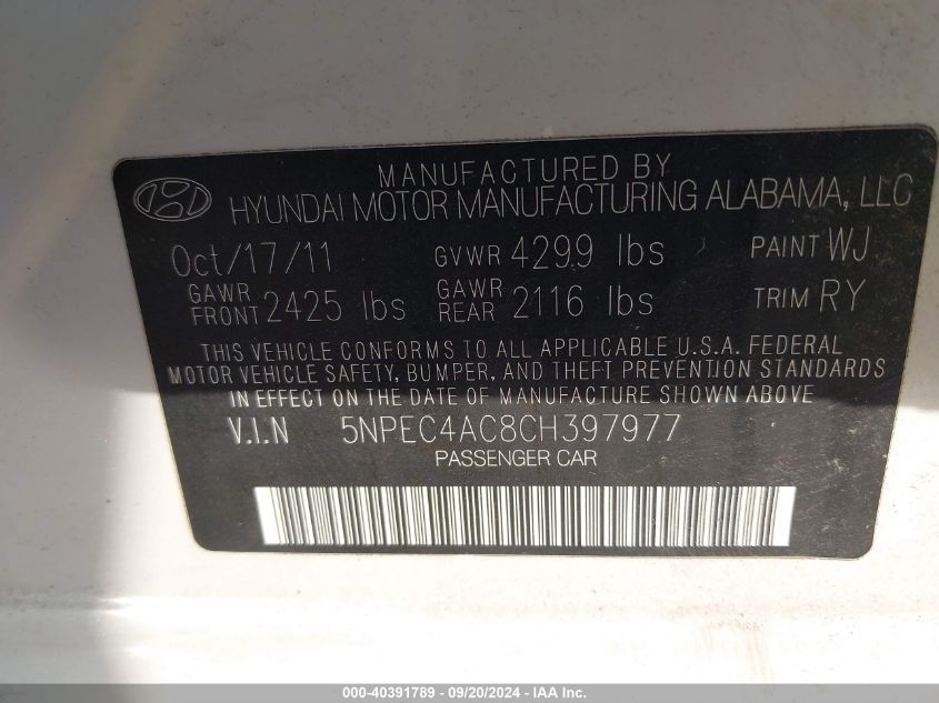 5NPEC4AC8CH397977 2012 Hyundai Sonata Se