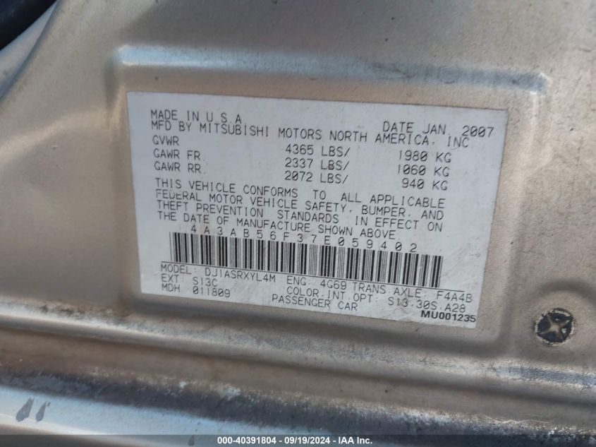 4A3AB56F37E059402 2007 Mitsubishi Galant Es