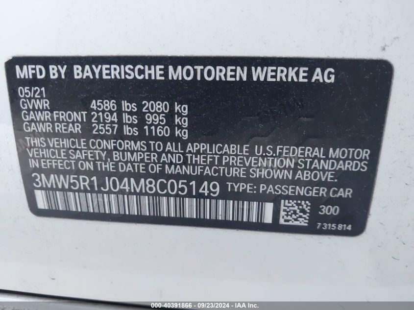 2021 BMW 330I VIN: 3MW5R1J04M8C05149 Lot: 40391866