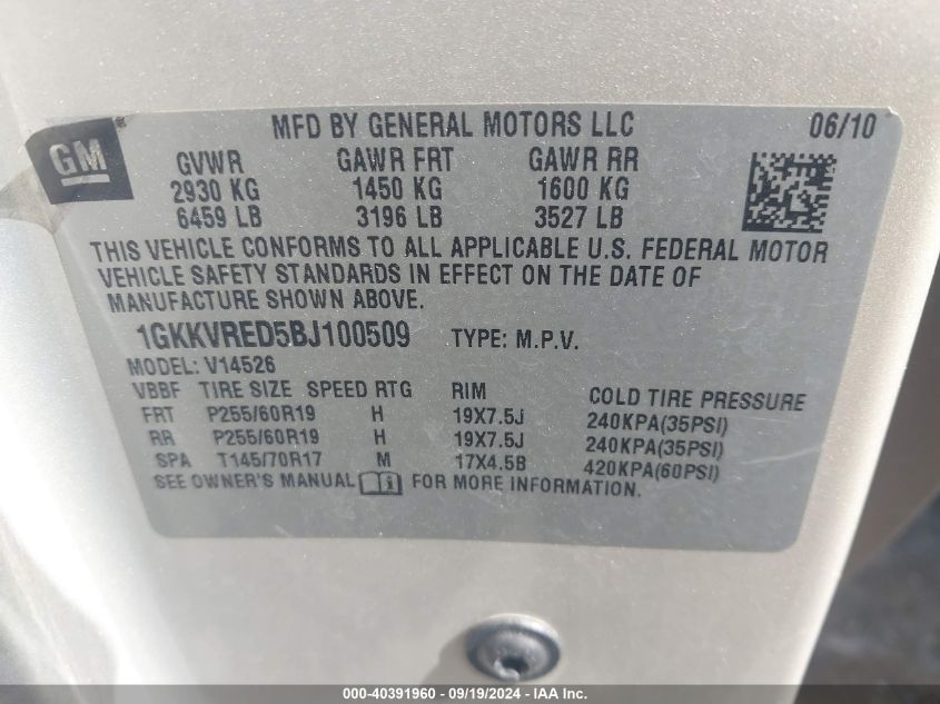 1GKKVRED5BJ100509 2011 GMC Acadia Slt-1