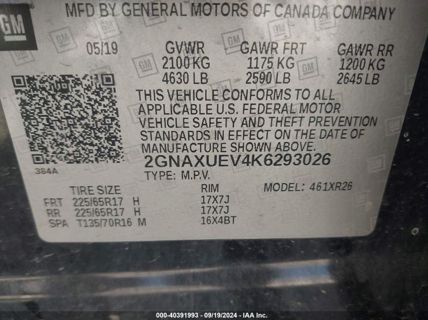 2GNAXUEV4K6293026 2019 Chevrolet Equinox Lt