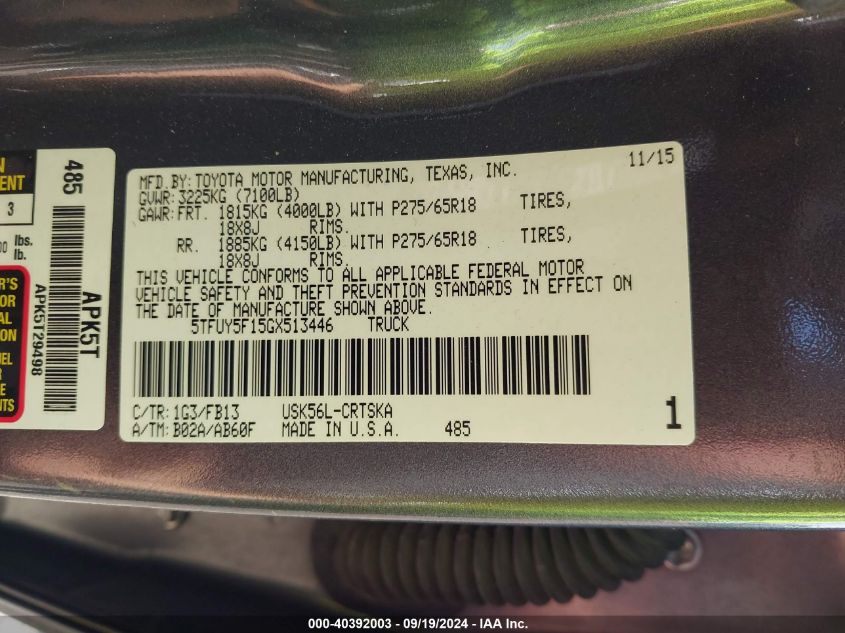 5TFUY5F15GX513446 2016 Toyota Tundra Sr5 5.7L V8