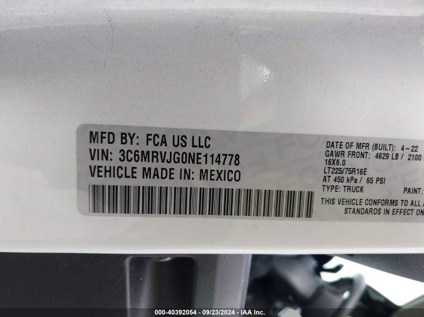 2022 Ram Promaster 3500 3500 High VIN: 3C6MRVJG0NE114778 Lot: 40392054