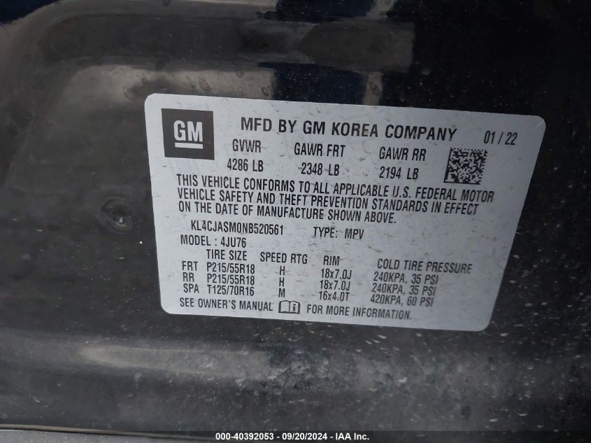 2022 Buick Encore Fwd Preferred VIN: KL4CJASM0NB520561 Lot: 40392053