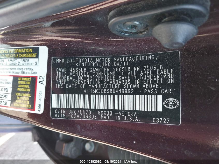 4T1BK3DB9BU419892 2011 Toyota Avalon