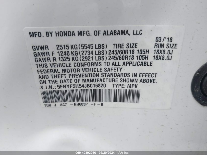 5FNYF5H54JB016820 2018 Honda Pilot Ex-L