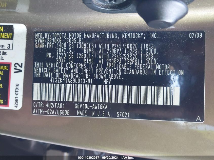 4T3ZK11A89U013294 2009 Toyota Venza Base V6