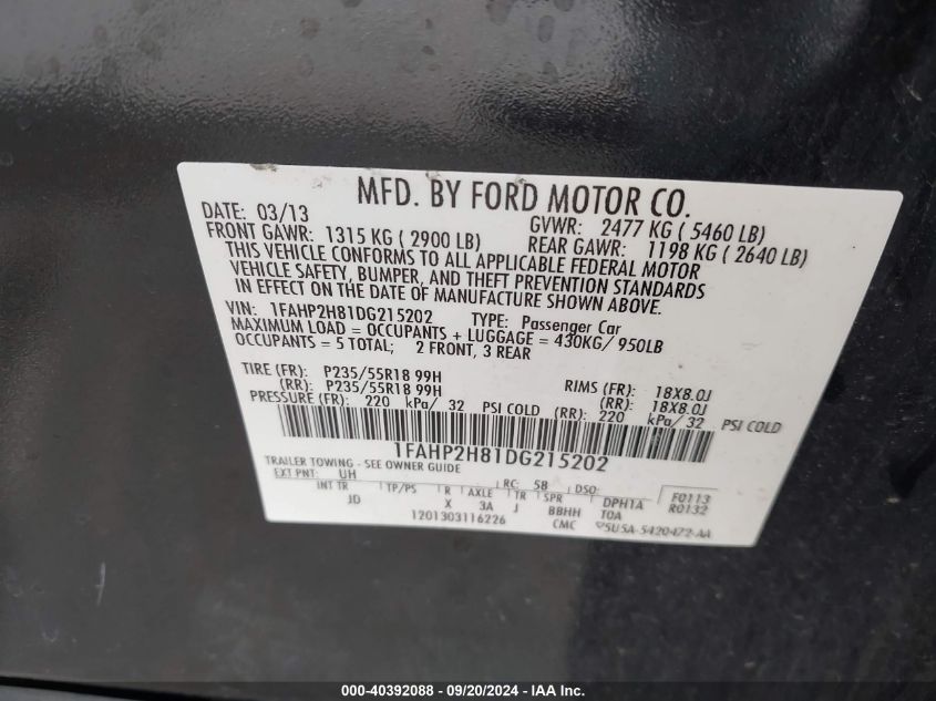 2013 Ford Taurus Sel VIN: 1FAHP2H81DG215202 Lot: 40392088