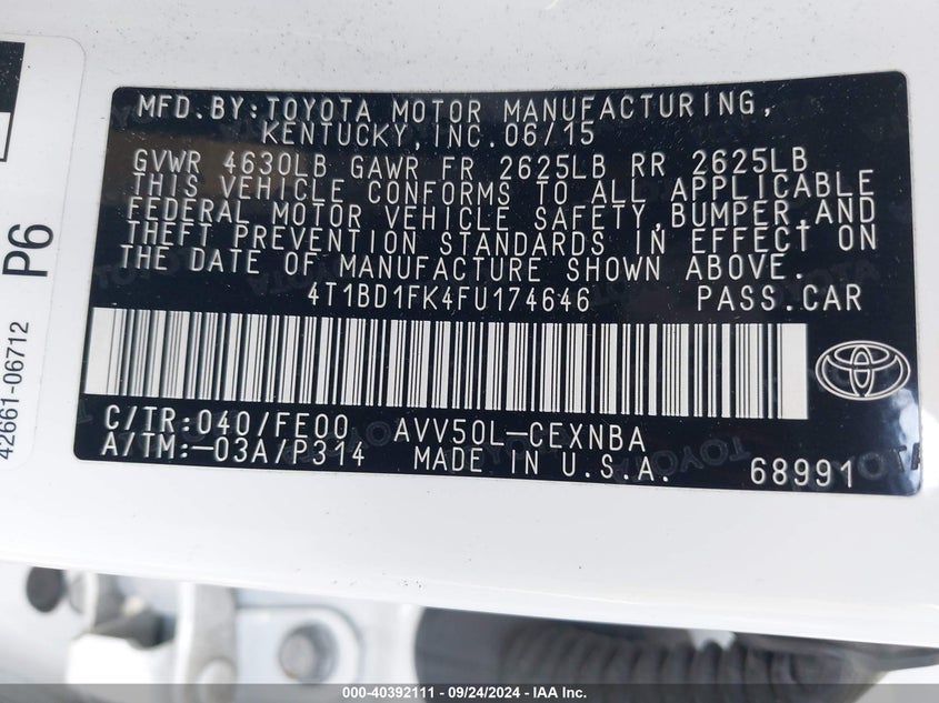 2015 TOYOTA CAMRY HYBRID LE/SE/XLE - 4T1BD1FK4FU174646