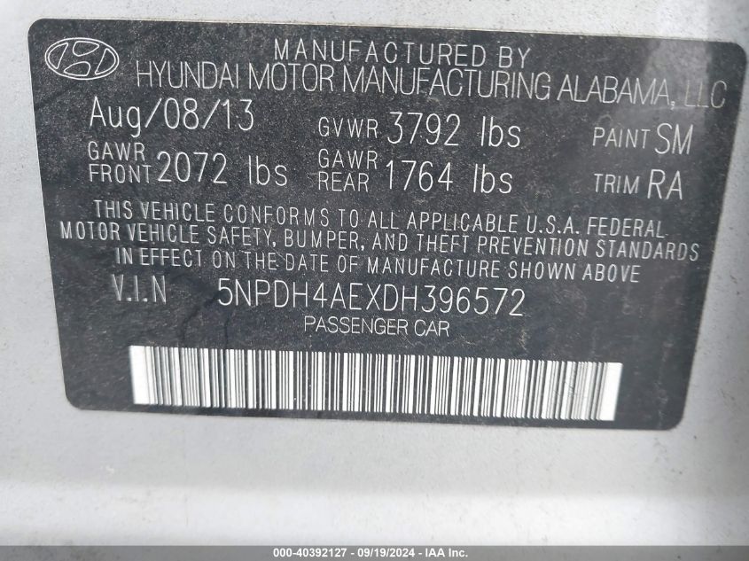 5NPDH4AEXDH396572 2013 Hyundai Elantra Gls