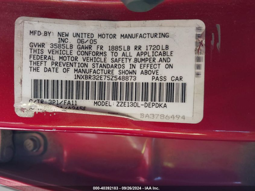 2005 Toyota Corolla Ce VIN: 1NXBR32E75Z548873 Lot: 40392183