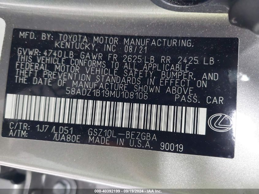 58ADZ1B19MU108106 2021 Lexus Es 350