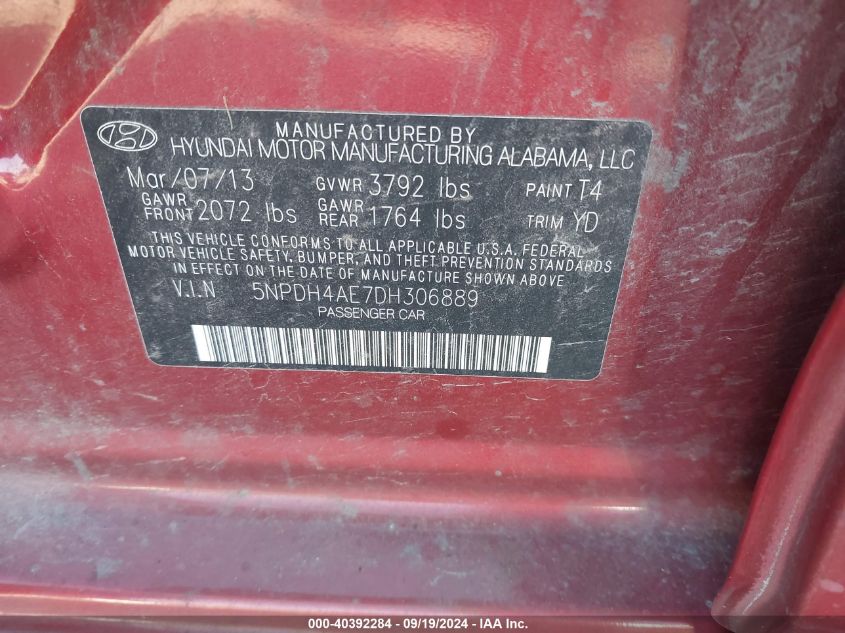 5NPDH4AE7DH306889 2013 Hyundai Elantra Gls