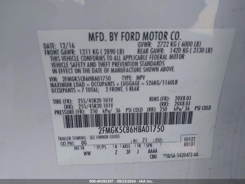 2FMGK5C86HBA01750 2017 Ford Flex Sel