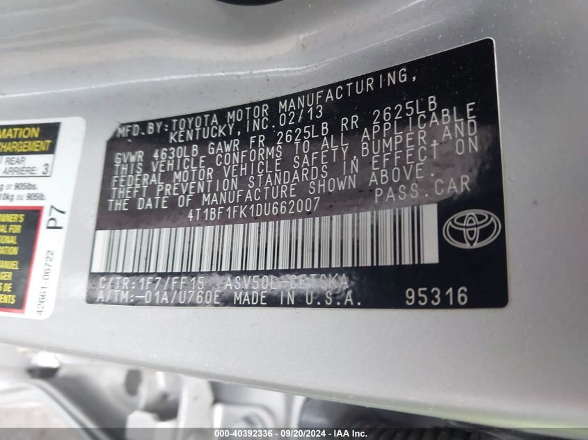 2013 Toyota Camry Se VIN: 4T1BF1FK1DU662007 Lot: 40392336