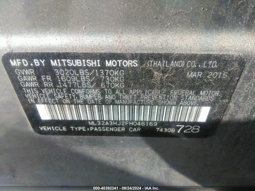 2015 Mitsubishi Mirage De VIN: ML32A3HJ2FH046169 Lot: 40392341