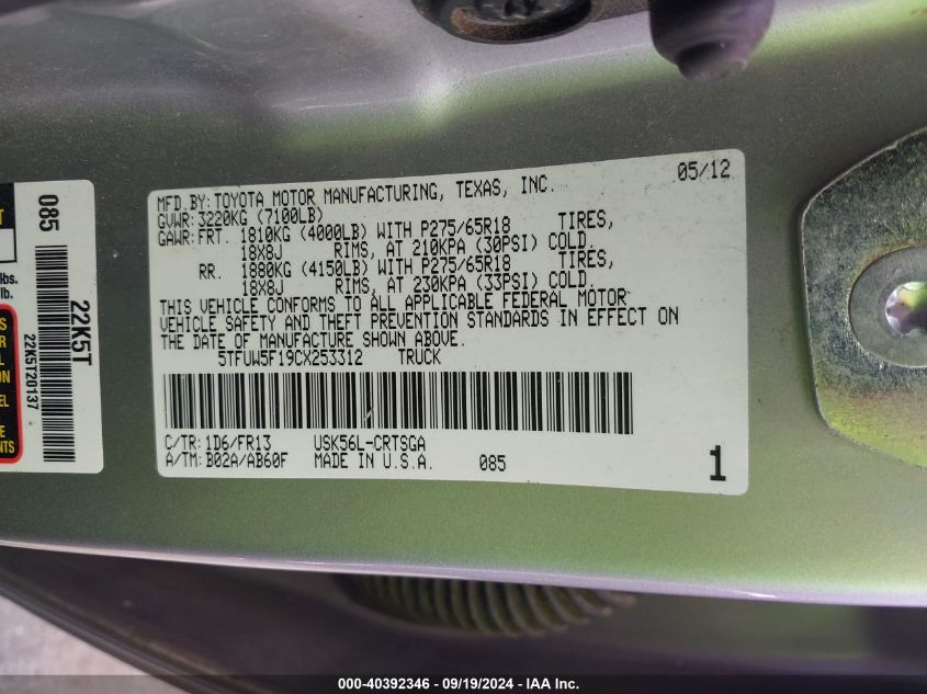 5TFUW5F19CX253312 2012 Toyota Tundra Grade 5.7L V8