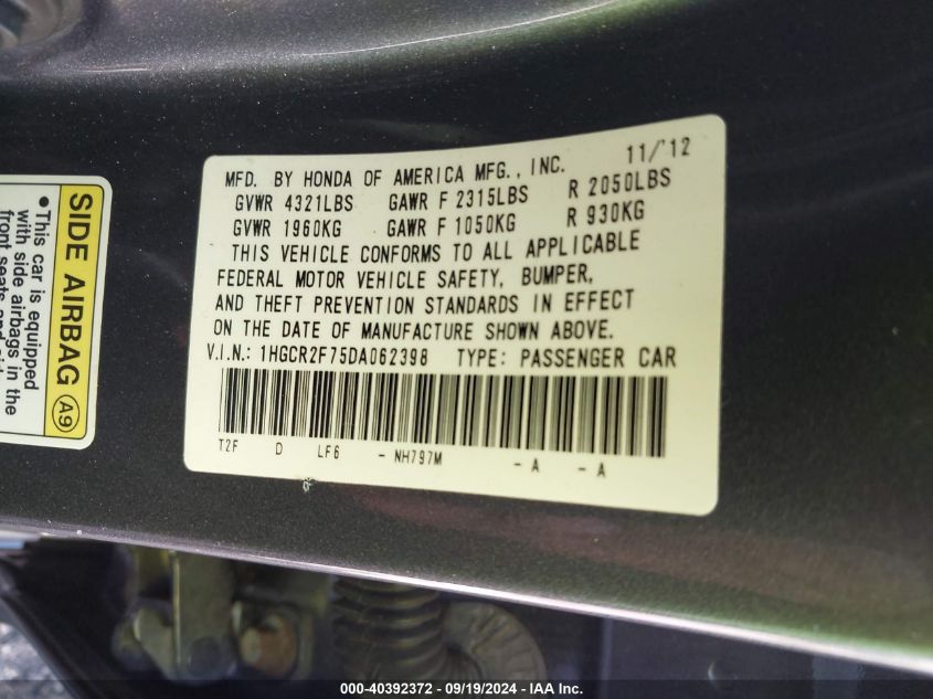 1HGCR2F75DA062398 2013 Honda Accord Ex